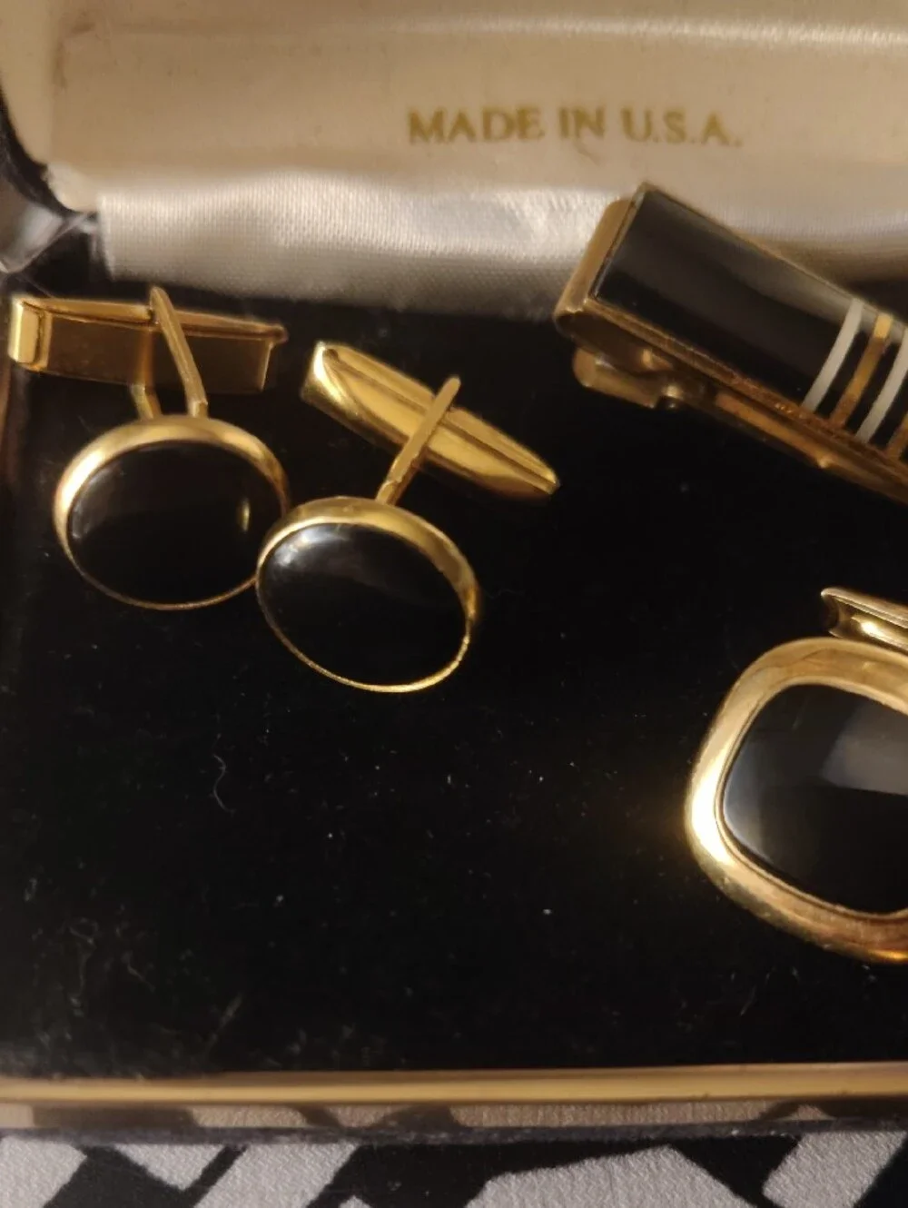 Vintage Gold-Tone Black Inlay Cufflinks and Tie Clip Set